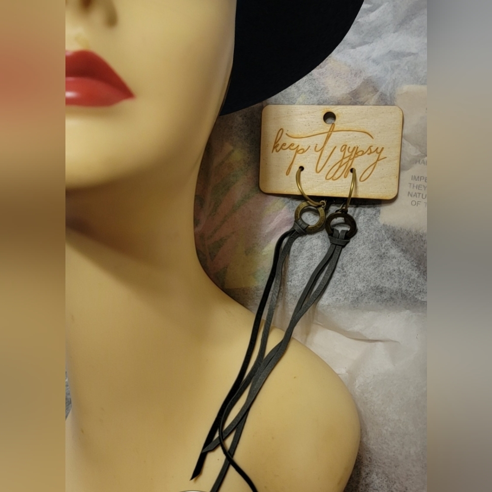 Keep It Gypsy Leather Tassels Dangle Earrings Smoke Grey Antiqued Hoops